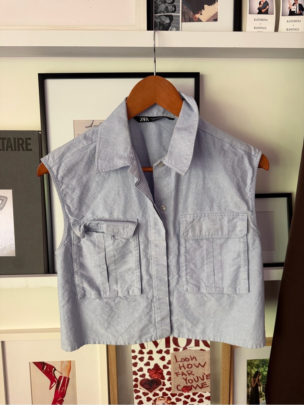 Zara Light Blue Sleeveless Button-Front Utility Top